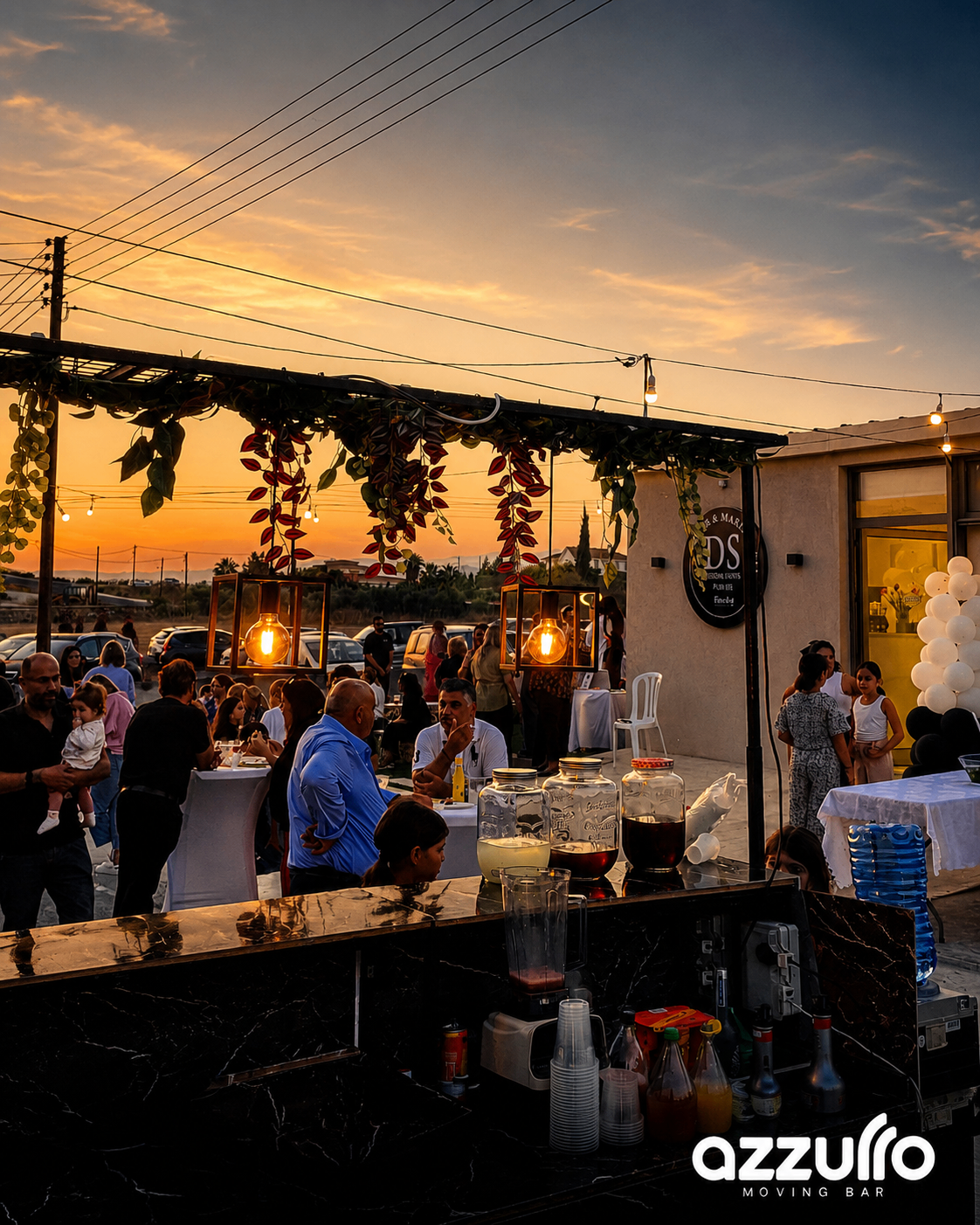 Azzurro Moving Bar serving guests at sunset during an outdoor Cyprus event